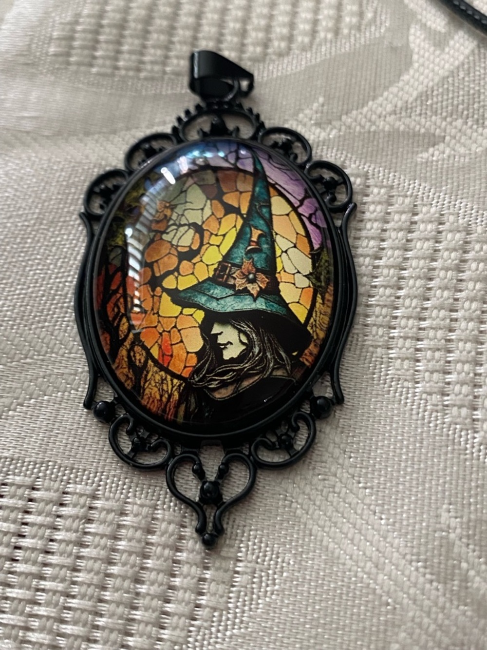 18” Black Cord Necklace Witch In Hat Oval Pendant 2”H x 1.25”W Goth  Gothic Punk